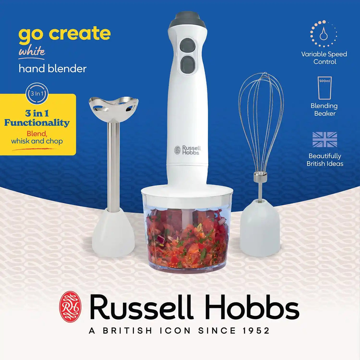 Russell Hobbs Go Create 3 in 1 Electric Hand Blender - White | 27560