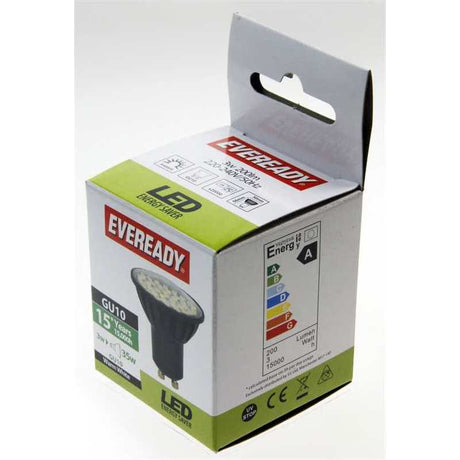 Eveready 3W LED GU10 bulb packaging box in white and lime green with product image showing black spotlight bulb, energy rating label, and specifications visible on front