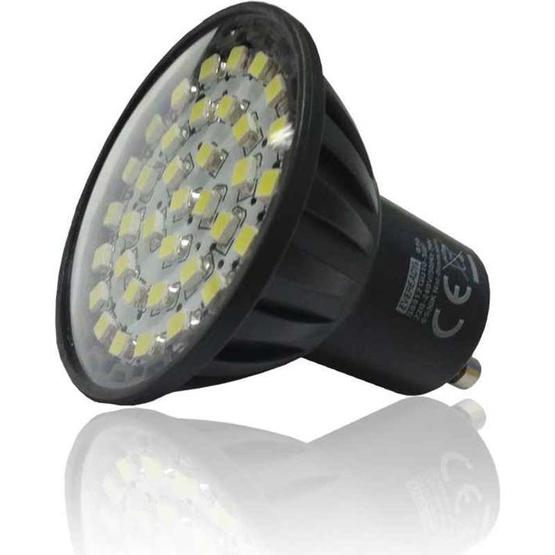 Eveready 3W SMD LED GU10 bulb with warm white light, black plastic housing with multiple yellow LED chips visible on reflective metal base plate, shown at angle against white background with reflection