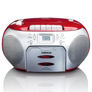 Lenco SCD-420RD portable boombox with red and white design featuring CD and cassette player, dual speakers, digital display and control buttons