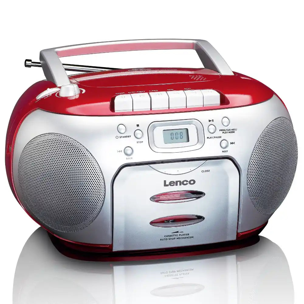 Lenco SCD-420RD portable boombox with red and silver finish, featuring CD and cassette player, AM/FM radio, digital display, top-mounted carry handle, and dual speakers