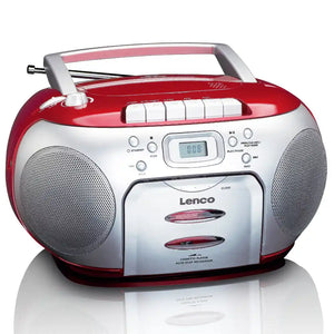 Lenco SCD-420RD portable boombox with red and silver finish, featuring CD and cassette player, AM/FM radio, digital display, top-mounted carry handle, and dual speakers