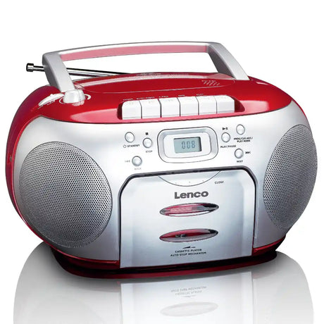 Lenco SCD-420RD portable boombox with red and silver finish, featuring CD and cassette player, AM/FM radio, digital display, top-mounted carry handle, and dual speakers