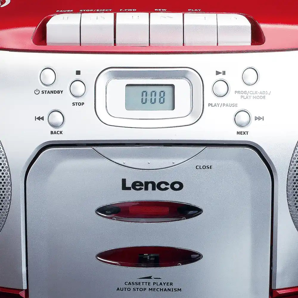 Lenco SCD-420RD portable radio cassette CD player in red and white with digital display showing 0:00, control buttons for play pause stop back next, cassette deck with auto stop mechanism, and built-in speakers