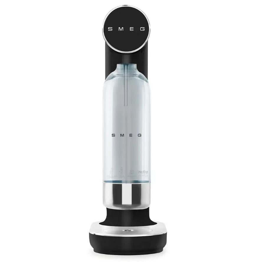 Smeg SKC01BLM sparkling water maker in matte black and stainless steel with clear glass bottle cartridge on white background