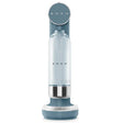 Smeg Sparkling Water Soda Maker in Storm Blue with chrome accents, featuring a clear glass bottle with stainless steel base and teal-colored top and bottom components