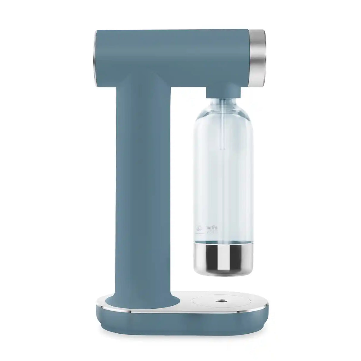 Smeg SKC01SBM sparkling water soda maker in storm blue with T-shaped body, stainless steel accents, and clear glass bottle attachment on white base