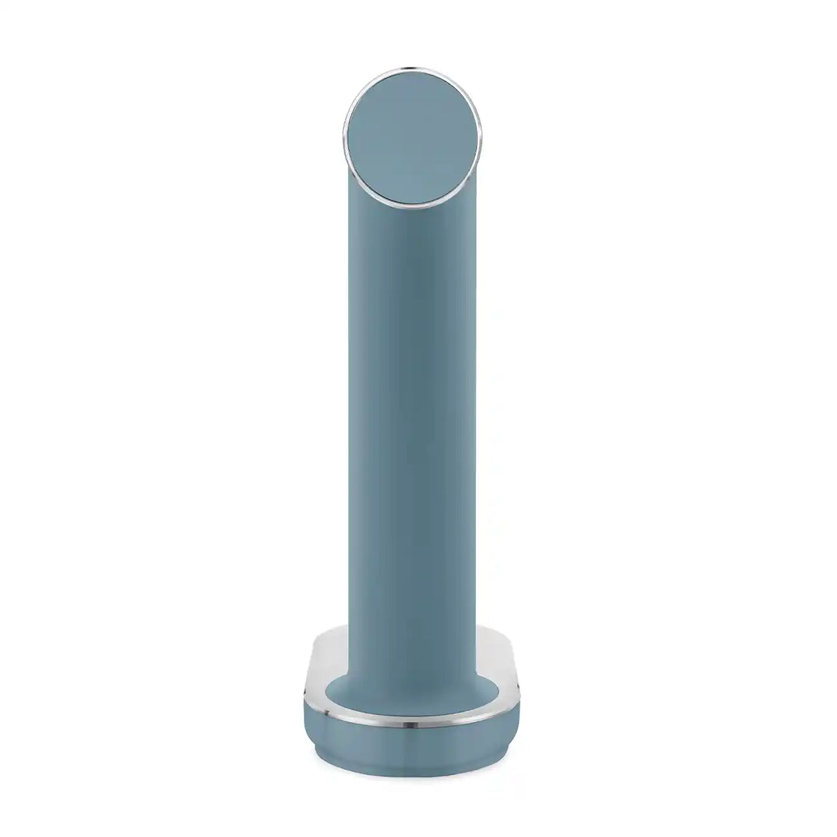 Smeg Sparkling Water Soda Maker in storm blue with chrome accents, featuring a cylindrical tower design and circular base