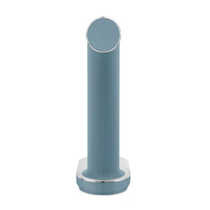Smeg Sparkling Water Soda Maker in storm blue with chrome accents, featuring a cylindrical tower design and circular base