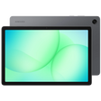 Samsung Galaxy Tab A11+ 11 inch 5G tablet in grey showing front display with cyan gradient wallpaper and rear camera, product shot against white background