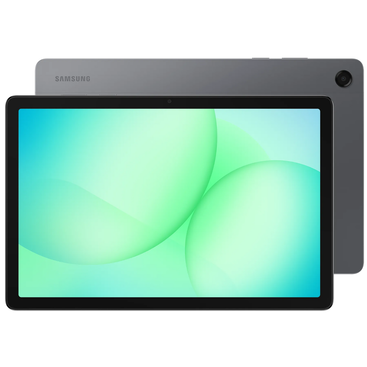 Samsung Galaxy Tab A11+ 11 inch 5G tablet in grey showing front display with cyan gradient wallpaper and rear camera, product shot against white background