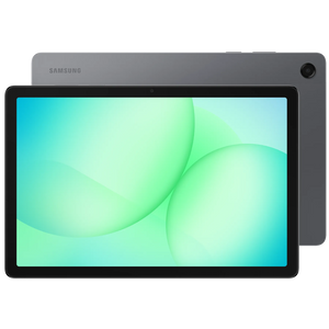 Samsung Galaxy Tab A11+ 11 inch 5G tablet in grey showing front display with cyan gradient wallpaper and rear camera, product shot against white background