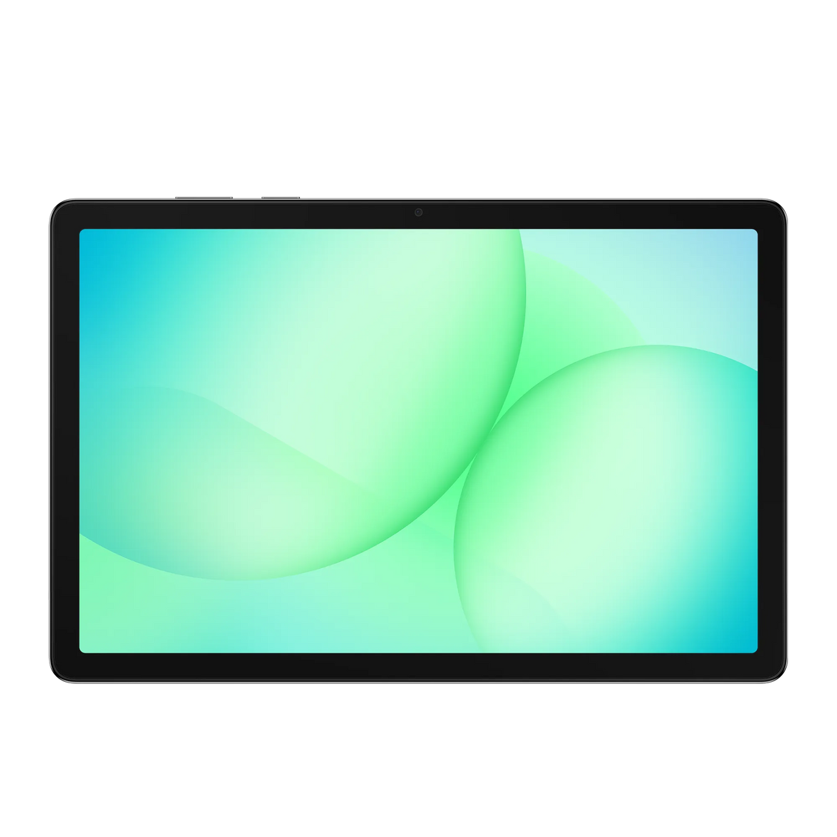 Samsung Galaxy Tab A11+ 11 inch 5G tablet with 128GB storage in grey displaying turquoise and green abstract wallpaper on screen