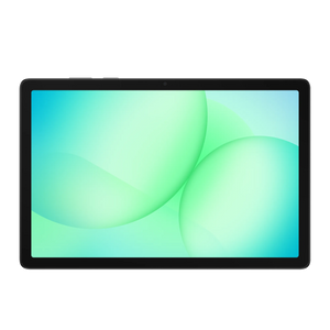 Samsung Galaxy Tab A11+ 11 inch 5G tablet with 128GB storage in grey displaying turquoise and green abstract wallpaper on screen