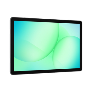 Samsung Galaxy Tab A11+ 11 inch 5G tablet with 128GB storage displayed at an angle showing the black frame and turquoise green gradient wallpaper on the screen