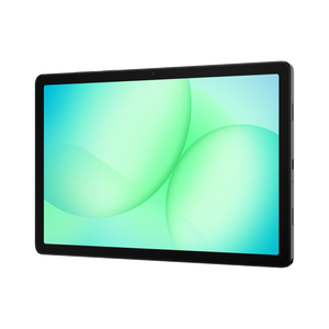 Samsung Galaxy Tab A11+ 11 inch tablet with grey black bezel displaying turquoise and green gradient wallpaper on screen, shown at angle against white background
