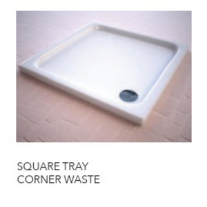 White square acrylic shower tray with corner waste drain viewed from above on wooden floor, showing slimline design with raised edges