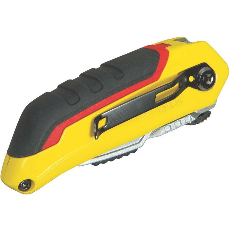 Stanley Fatmax yellow and black retractable folding knife with red accent stripe and ergonomic grip handle