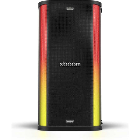 LG xboom Stage 501 black cylindrical Bluetooth party speaker with illuminated red and yellow LED lighting strips on sides and xboom branding on front