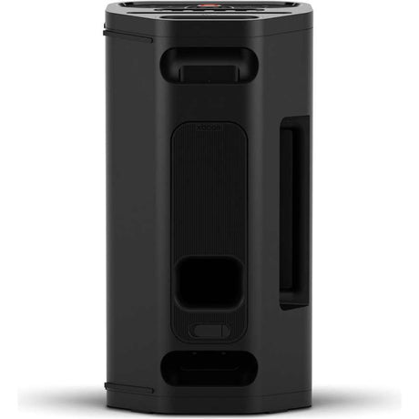LG XBoom Stage 501 black cylindrical Bluetooth party speaker with textured front panel, carrying handle, and side port viewed from front angle
