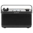 Roberts Stream 219 black portable internet stereo radio with perforated speaker grille, dual volume knobs and control buttons on top panel, carrying handle, displaying Spotify connectivity capability