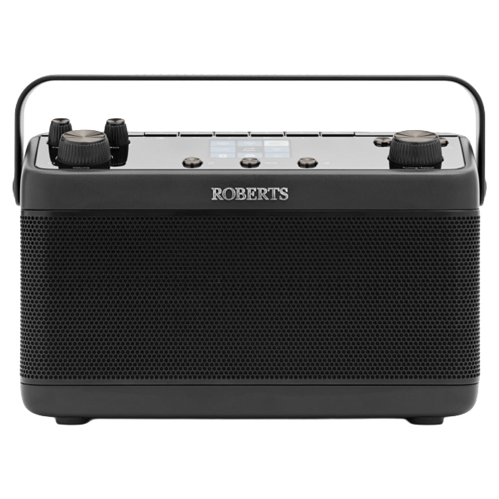 Roberts Stream 219 black portable internet stereo radio with perforated speaker grille, dual volume knobs and control buttons on top panel, carrying handle, displaying Spotify connectivity capability