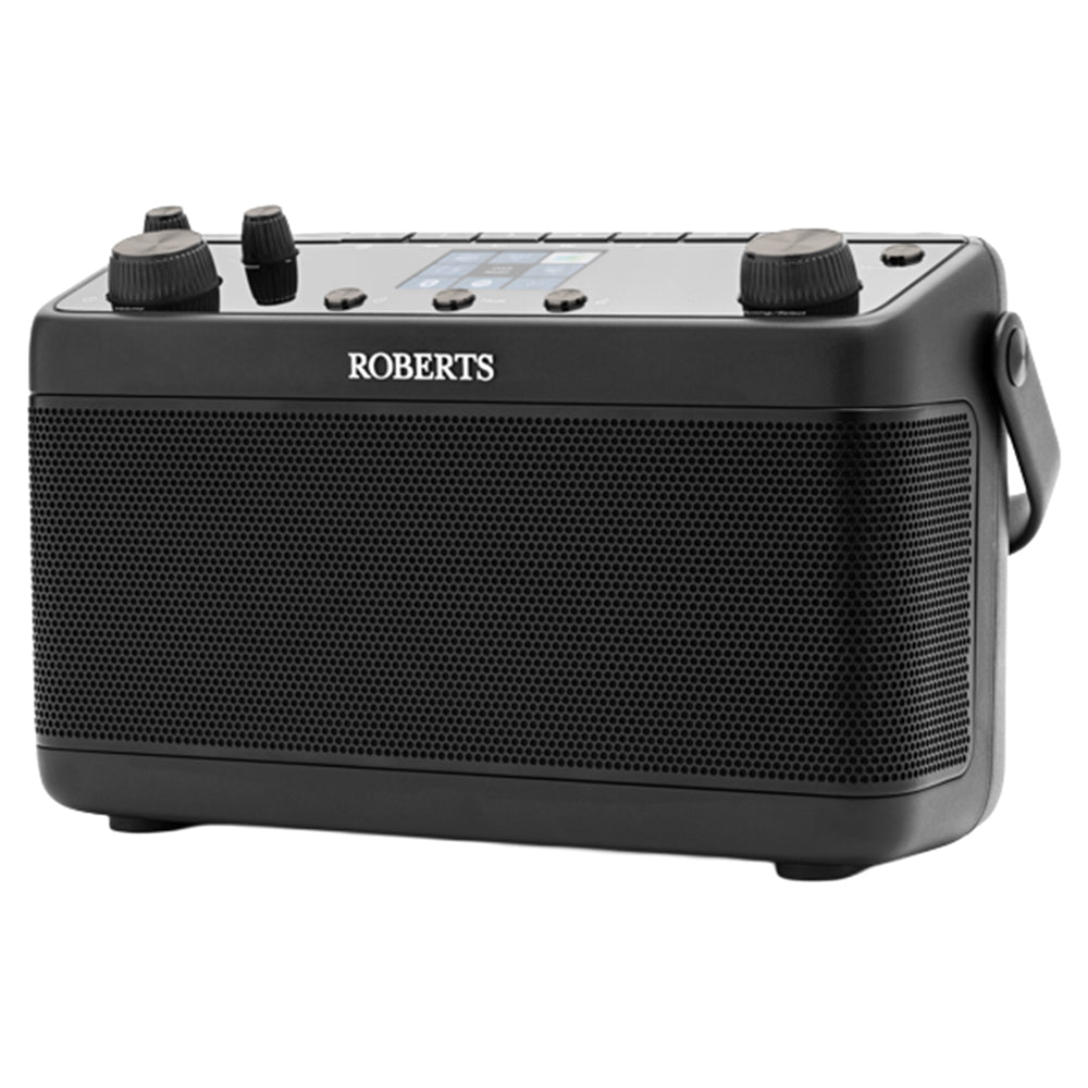 Roberts Stream 219 black portable stereo internet radio with mesh speaker grille, control knobs and carry handle, displaying digital display panel on top