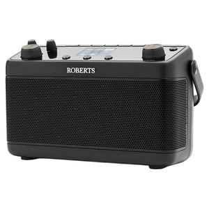 Roberts Stream 219 black portable stereo internet radio with mesh speaker grille, control knobs and carry handle, displaying digital display panel on top