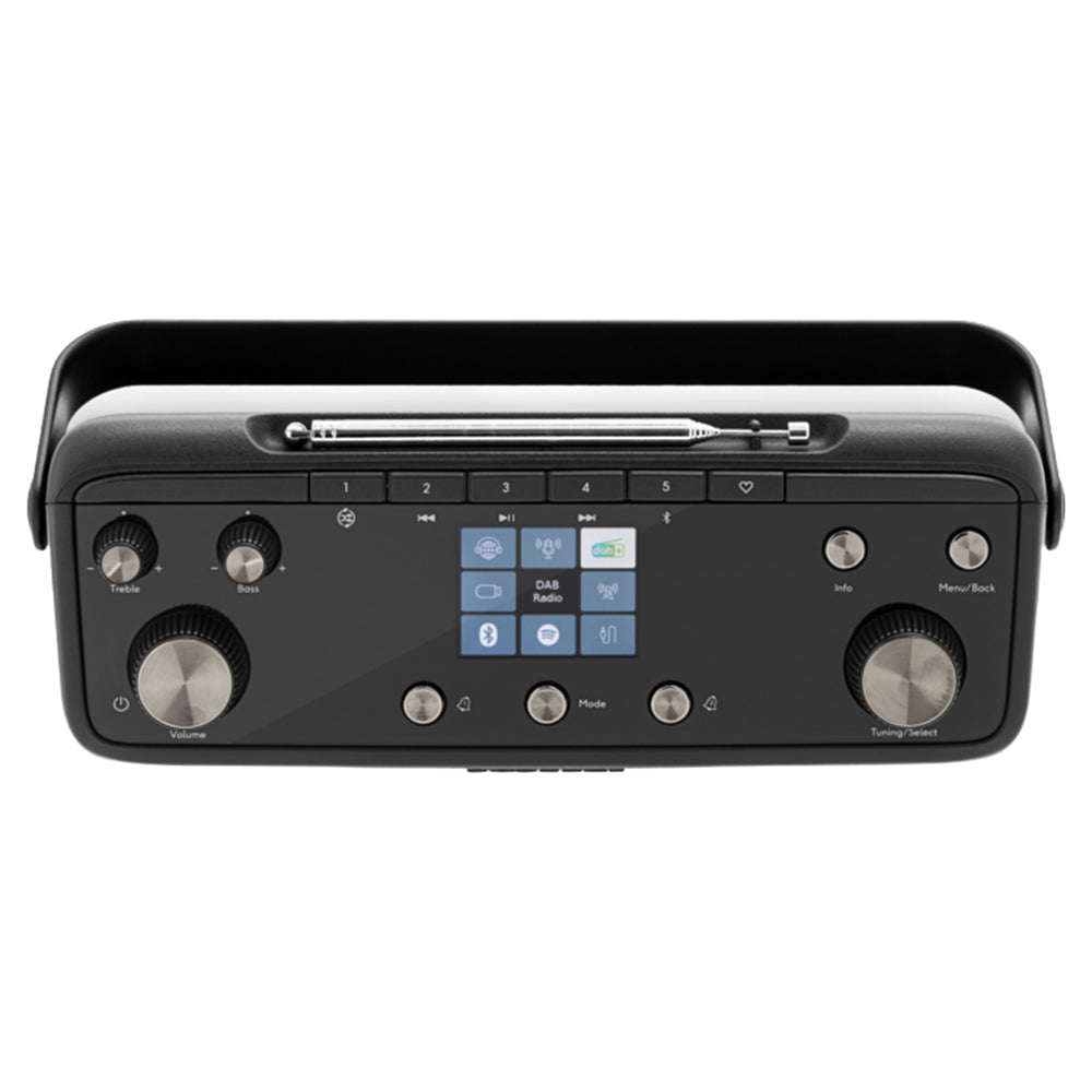 Roberts Stream 219 black portable stereo internet radio with DAB tuner, featuring a small display screen, multiple control knobs for volume and tuning, preset buttons, and a carrying handle on top