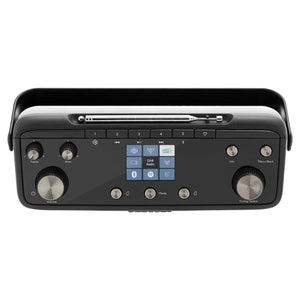 Roberts Stream 219 black portable stereo internet radio with DAB tuner, featuring a small display screen, multiple control knobs for volume and tuning, preset buttons, and a carrying handle on top