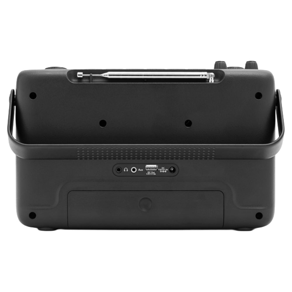 Rear view of Roberts Stream 219 black portable internet stereo radio showing connection ports, control buttons, and carrying handles