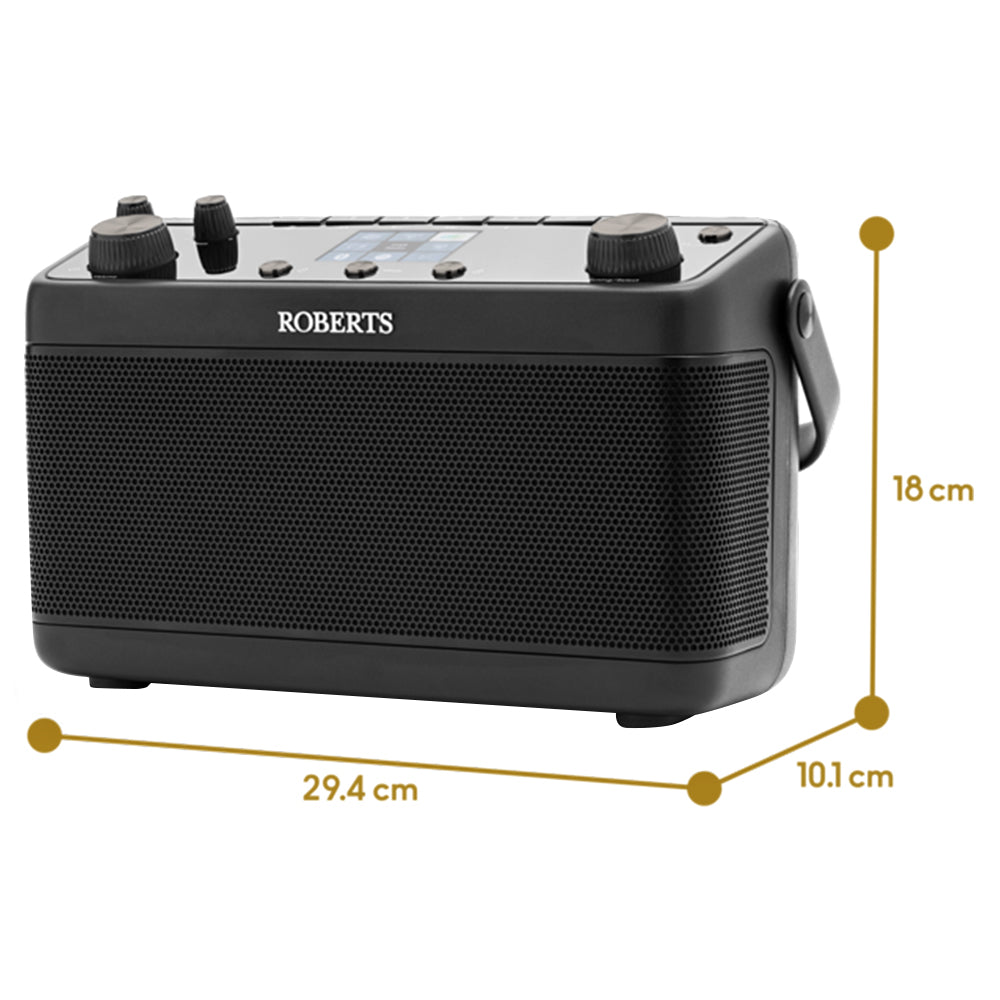 Roberts Stream 219 black portable internet radio with speaker grille, control knobs and display, dimensions shown as 29.4cm width, 18cm height and 10.1cm depth