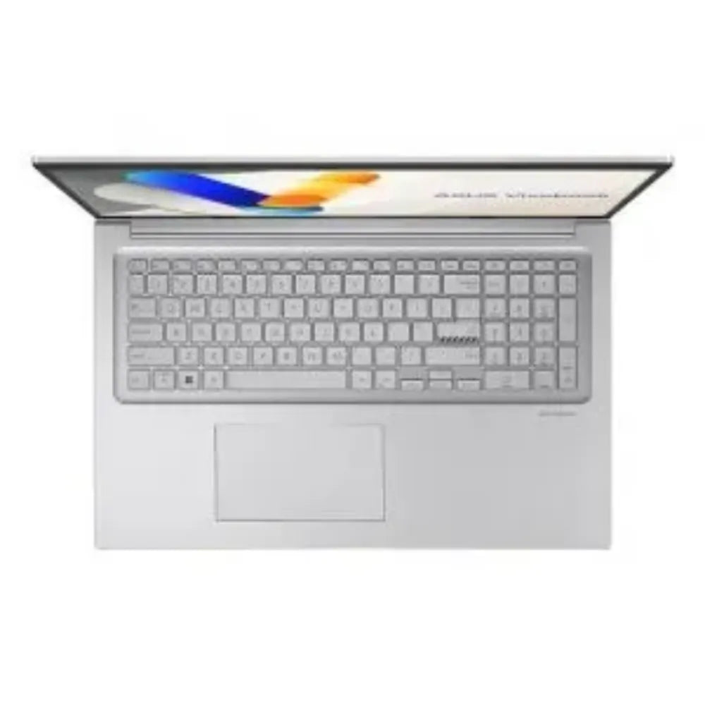 Asus Vivobook 17.3 inch silver laptop viewed from above showing full HD display with blue and orange gradient wallpaper, white backlit keyboard, and touchpad