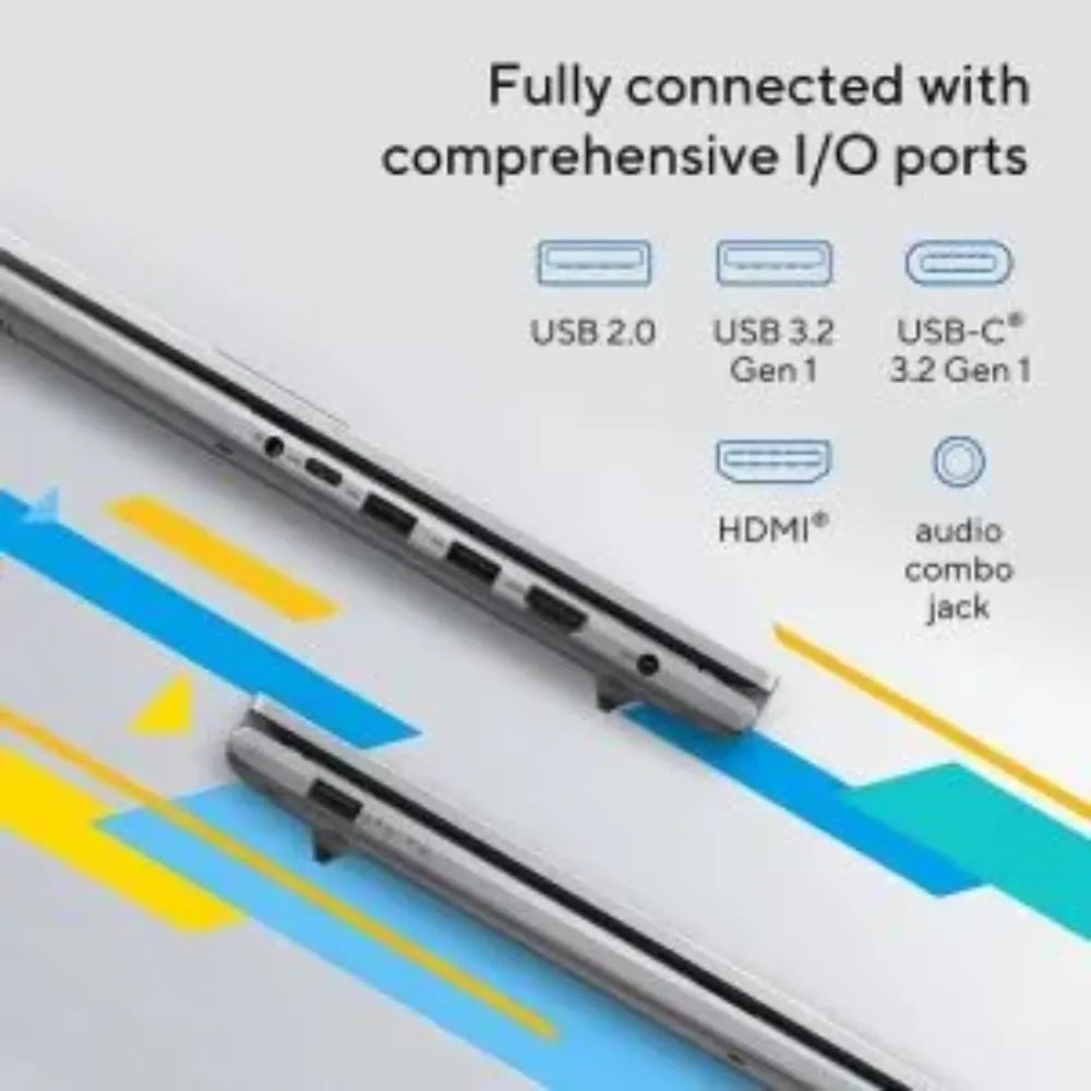 Close-up of ASUS Vivobook laptop side ports showing USB 2.0, USB 3.2 Gen 1, USB-C 3.2 Gen 1, HDMI and audio combo jack with blue and yellow geometric design graphics below