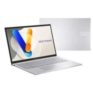 ASUS Vivobook silver laptop with 17.3 inch Full HD display open showing colorful logo on screen, displaying Intel Core i3 processor specifications