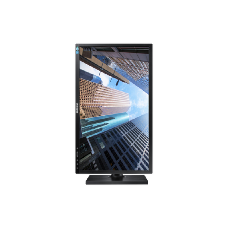 Samsung 24 inch black computer monitor displaying cityscape image with blue sky and tall buildings, featuring stand base on white background