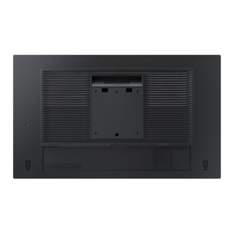 Back view of Samsung S24E450F 24 inch black computer monitor showing VESA mounting bracket, ventilation grilles, cable ports and stand attachment points