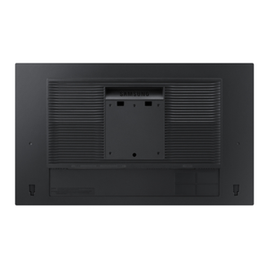 Back view of Samsung S24E450F 24 inch black computer monitor showing VESA mounting bracket, ventilation grilles, cable ports and stand attachment points