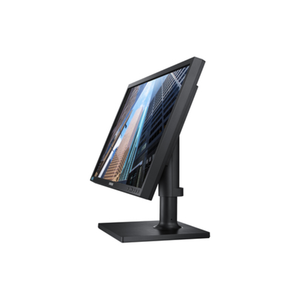 Samsung S24E450F 24 inch black computer monitor displaying cityscape image on tilted stand against white background