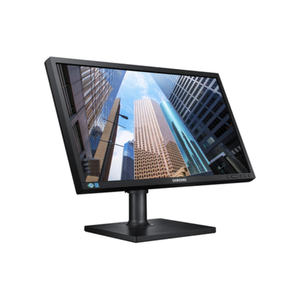 Samsung 24 inch black computer monitor displaying cityscape image on stand, model S24E450F remanufactured