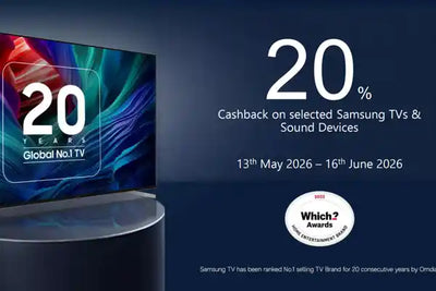 Promotional advertisement for Samsung TVs with a cashback offer on a dark blue background.