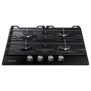 Samsung 60cm black glass gas hob with four burners and chrome control knobs