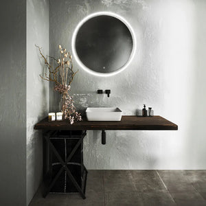 Aqualla Saturn 800mm round LED bathroom mirror with white illuminated frame mounted above dark wood vanity with white ceramic basin in modern minimalist bathroom setting with grey textured walls and dark floor tiles