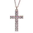 Rose gold cross pendant necklace with cubic zirconia stones set throughout, featuring a delicate chain and vertical rectangular design