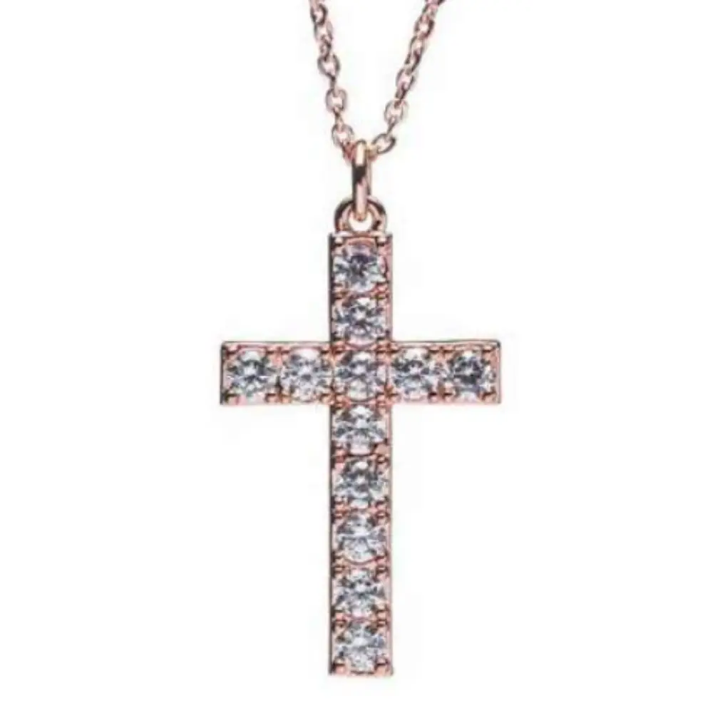 Rose gold cross pendant necklace with cubic zirconia stones set throughout, featuring a delicate chain and vertical rectangular design