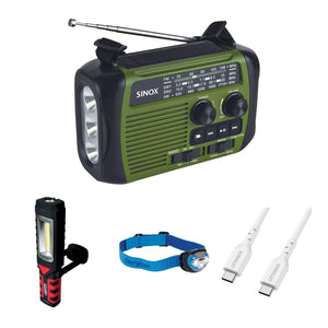 Sinox emergency survival radio in green and black shown with a Lighthouse COB swivel light and torch, Energizer Vision headlamp and white OtterBox USB-C to USB-C cable, the full power cut bundle