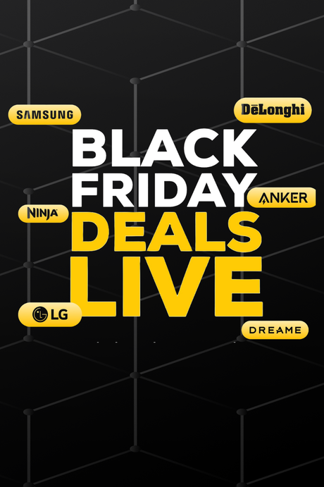 Promotional graphic for Black Friday Deals Live featuring bold white and yellow text on a black background with a subtle geometric grid pattern. Multiple brand logos, including Samsung, DeLonghi, Ninja, Anker, LG, and Dreame, are displayed in yellow pill-shaped badges around the central text.