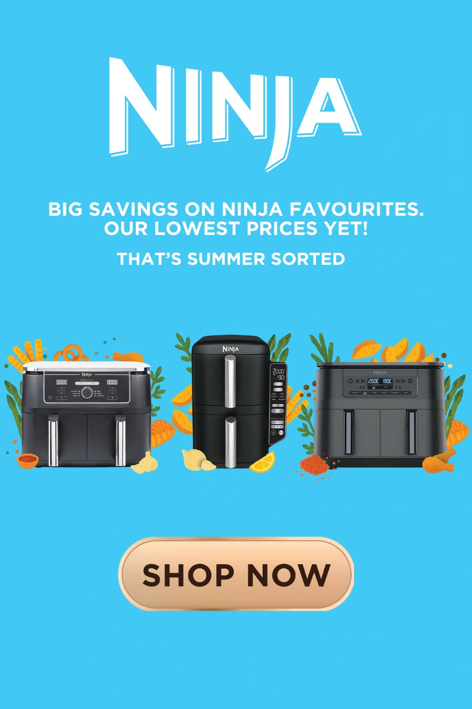 Advertisement for Ninja products with text and images of kitchen appliances on a blue background.
