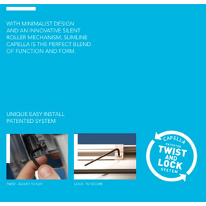 Flair Slimline Capella pivot door product information graphic on bright blue background showing minimalist chrome design, patented twist and lock installation system with close-up images of adjustment mechanism and secure locking feature for 800mm to 1200mm door sizes