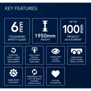 Key features infographic for Flair Slimline Capella sliding shower door showing 6mm toughened safety glass, 1950mm height, up to 100mm product adjustment, patented twist and lock mechanism, 25mm wall profile extension, clean easy glass coating, innovative silent wheel track system, spare parts available, reversible left or right handed installation, and 20 year guarantee